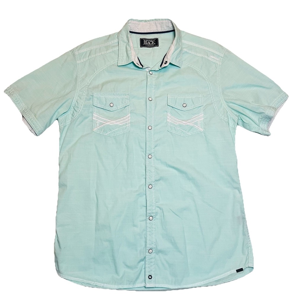 Buckle Black Athletic Fit Men's Light Aqua Marine Tribal Embroidery Shirt‎ Lg